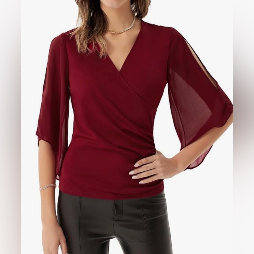 COPY - NWT Dressy 3/4 Chiffon Sleeve Wrap Blouses V Neck Business Casual Flowy …